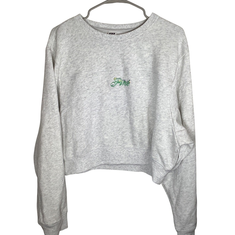 Victoria's Secret PINK Heather Grey Cropped Embroidered Floral Sweatshir XXL NWT
